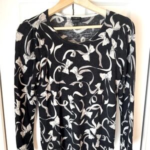 Talbots Merino Wool Lightweight Soft Sweater Bows & Ribbons Gray & Black MP EUC